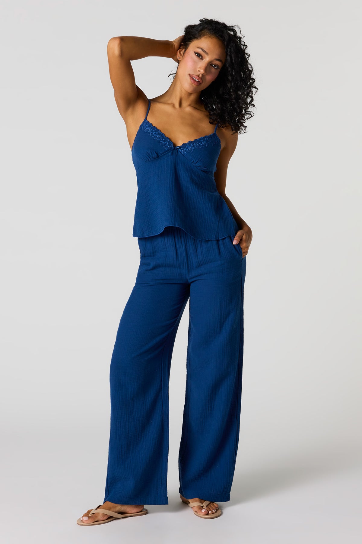 Alt View 3. Gauze Lace Trim V-Neck Cami - Dark Blue