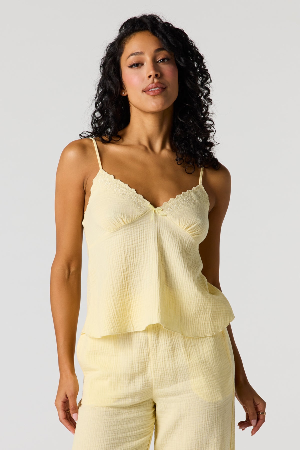 Gauze Lace Trim V-Neck Cami - Yellow