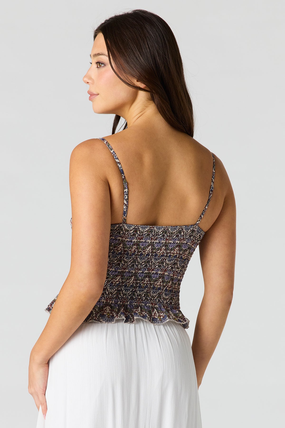 Alt View 2. Floral Print Smocked Ruffled Trim Top - Taupe