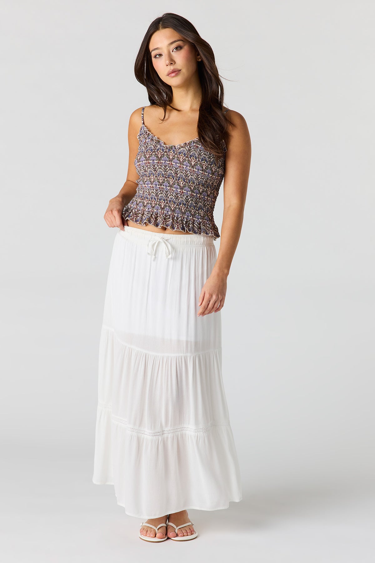Alt View 3. Floral Print Smocked Ruffled Trim Top - Taupe