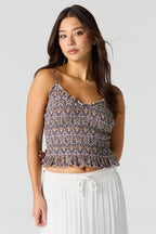 Floral Print Smocked Ruffled Trim Top