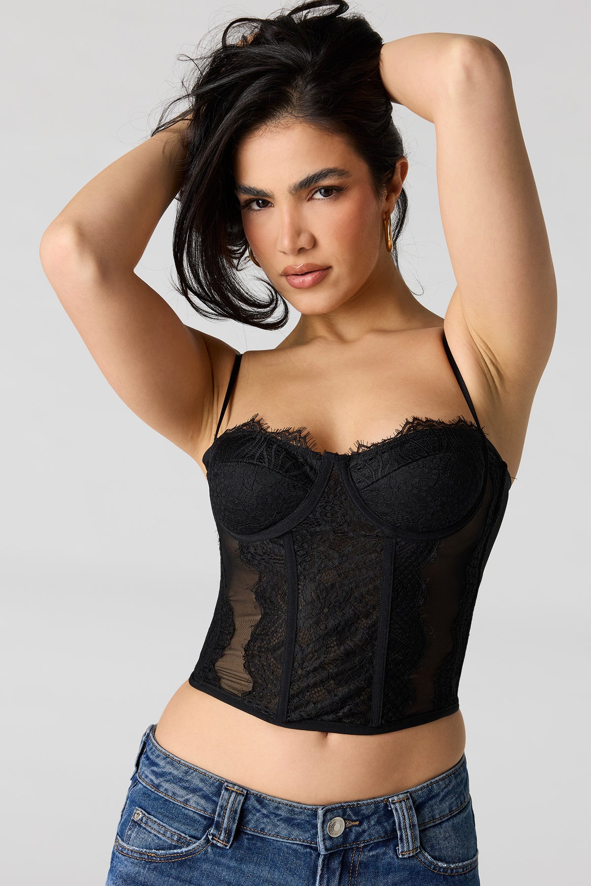 Mesh Lace Corset Tank - Solid Black
