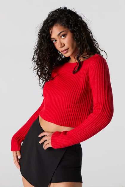 Ribbed Knit Boat Neck Sweater