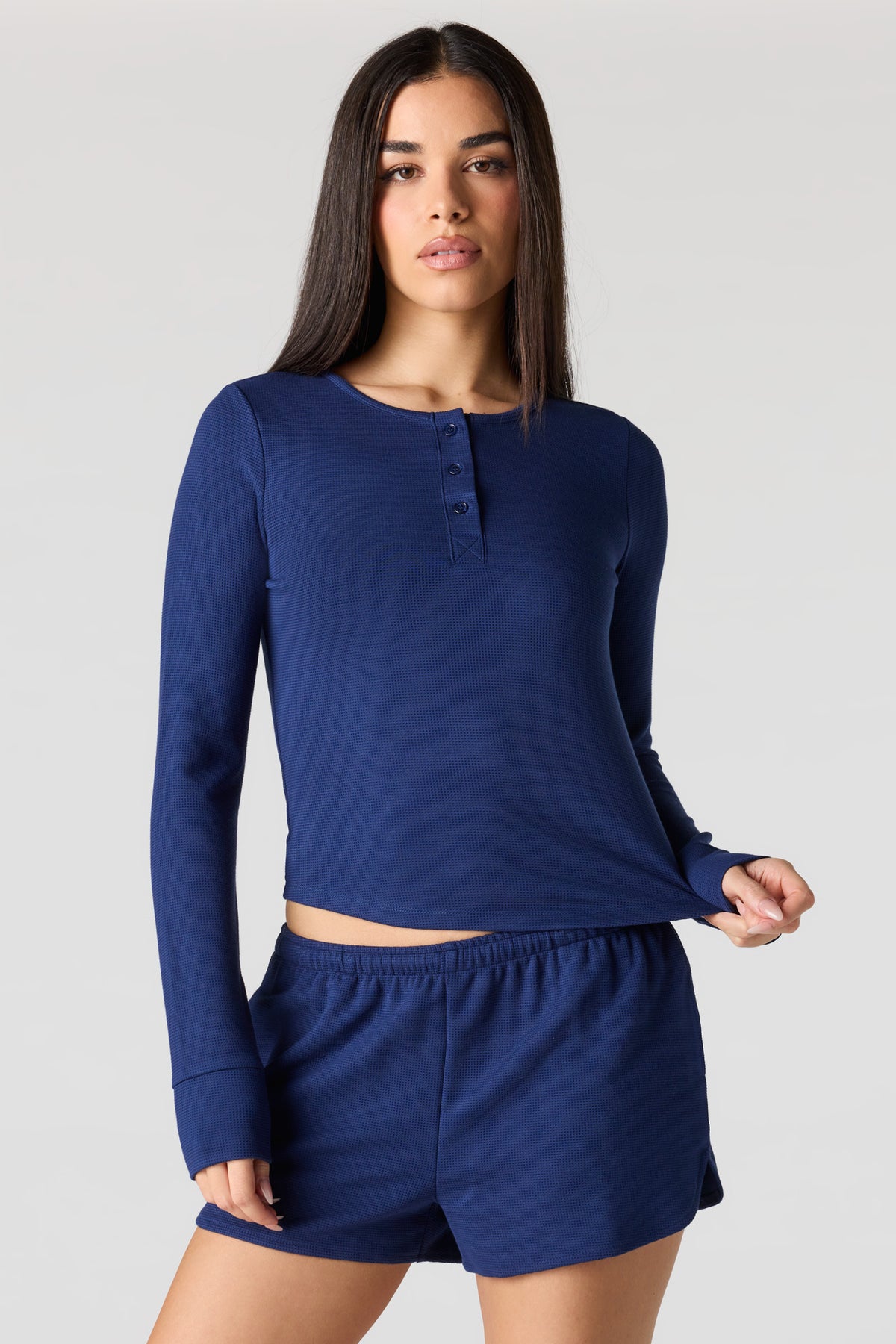 Waffle Knit Long Sleeve Henley - Dark Blue
