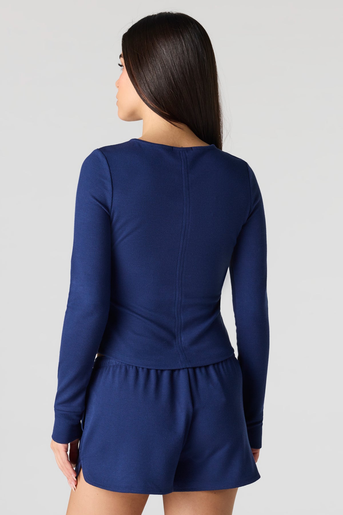 Alt View 2. Waffle Knit Long Sleeve Henley - Dark Blue