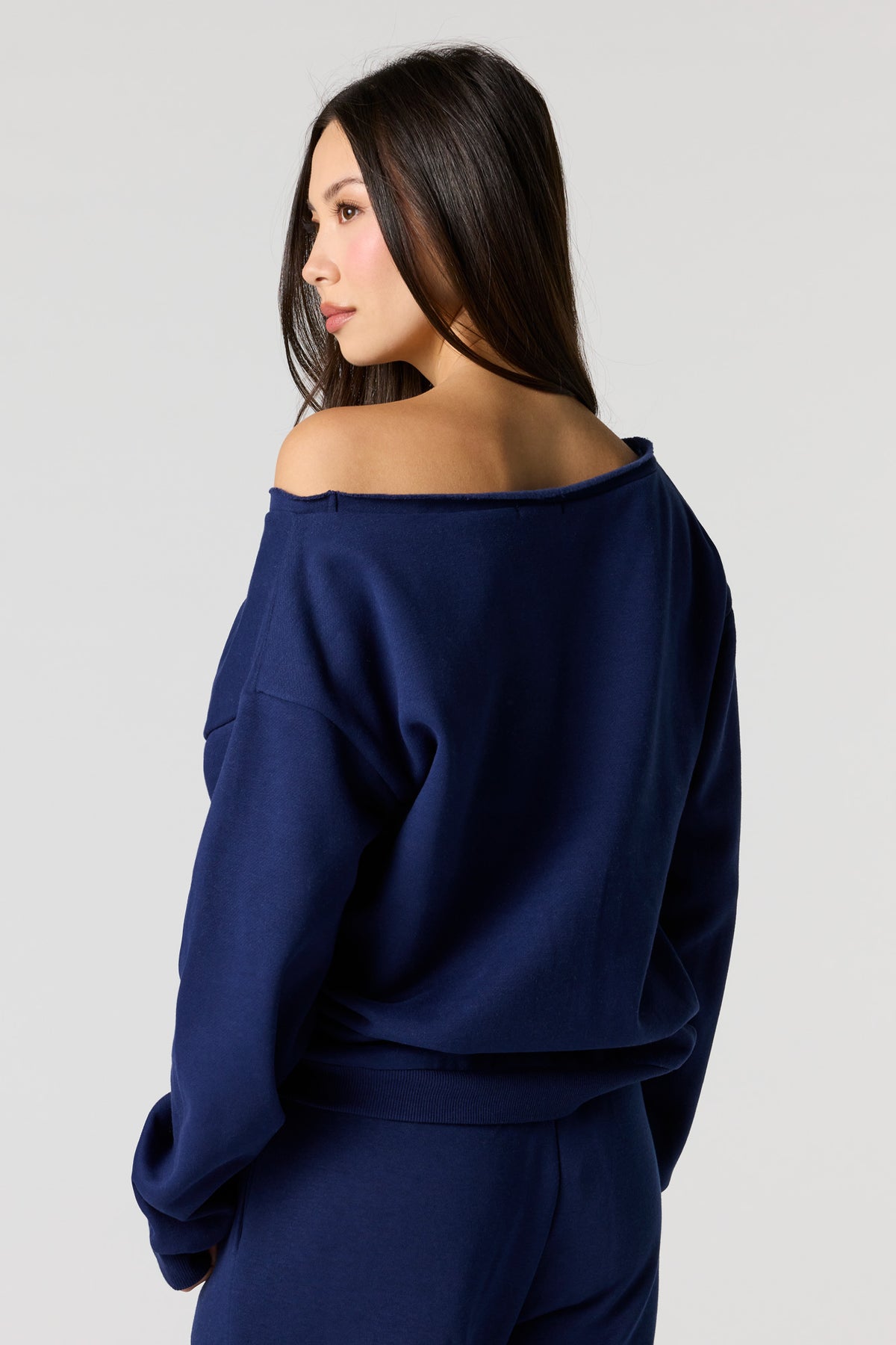 Alt View 2. Nature Embroidered Off Shoulder Fleece Sweatshirt - Dark Blue