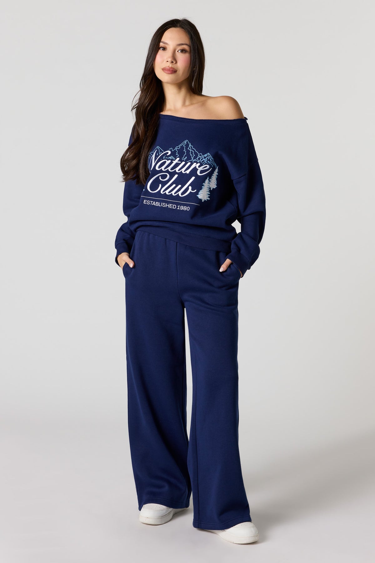 Alt View 3. Nature Embroidered Off Shoulder Fleece Sweatshirt - Dark Blue