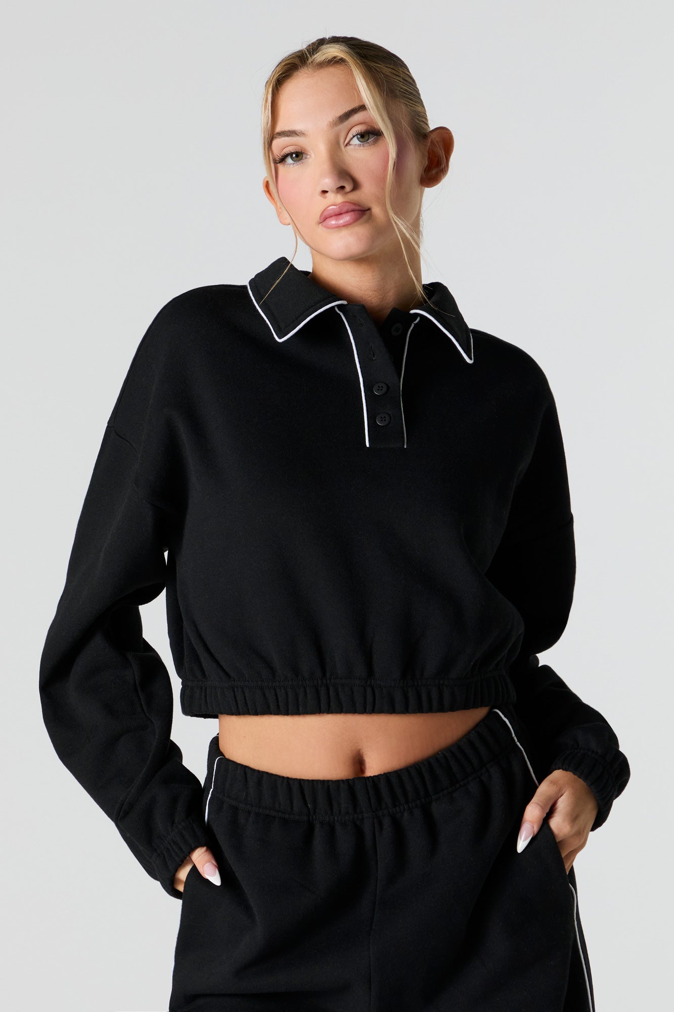 Contrast Stitch Fleece Polo Sweatshirt