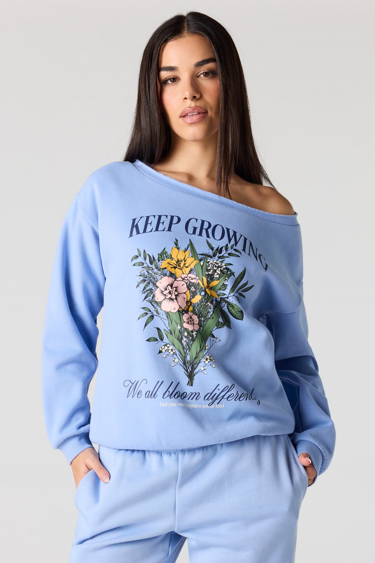 Keep Growing Graphic Off Shoulder Sweatshirt - Light Blue