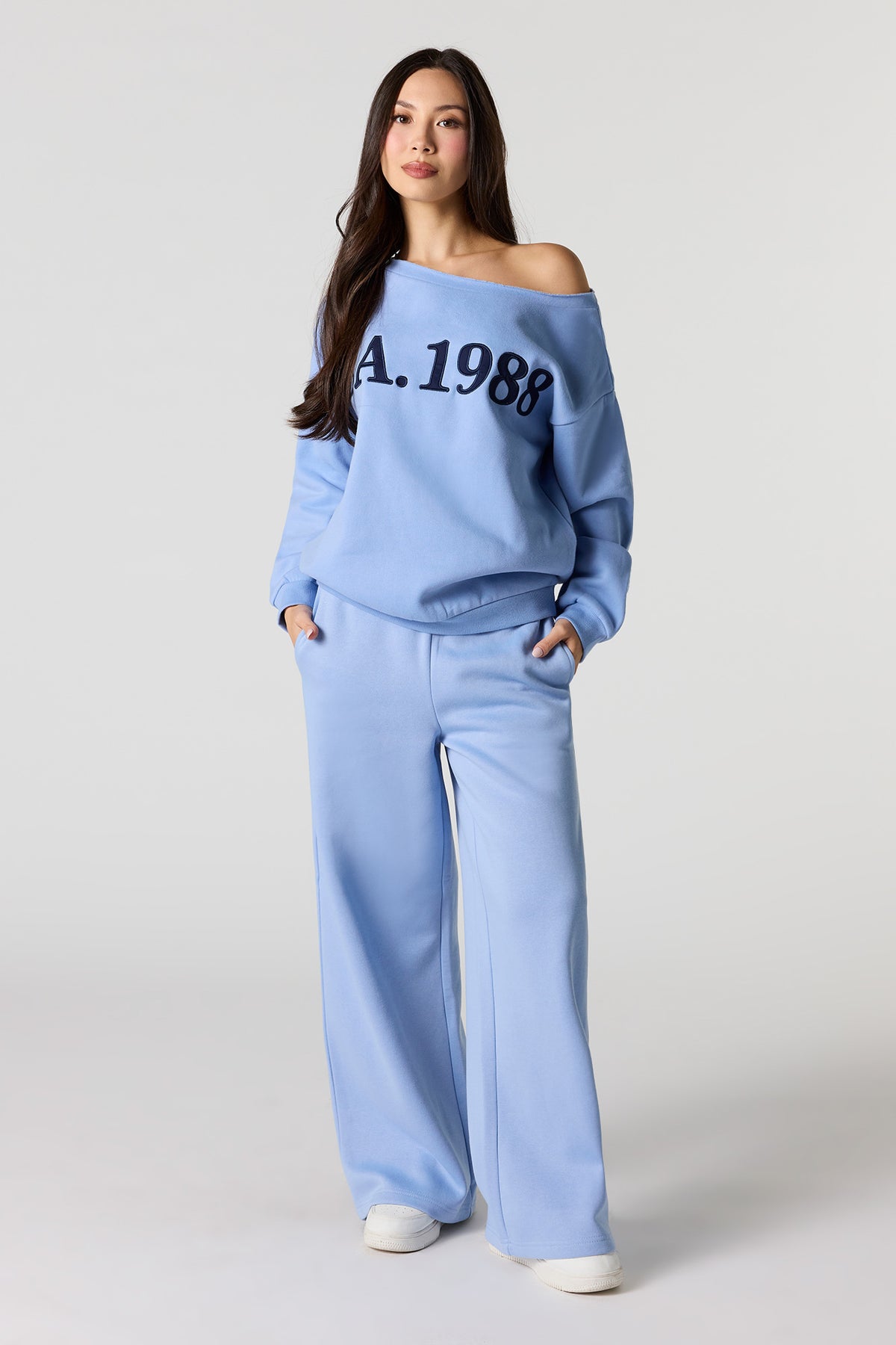 Wide Leg Fleece Sweatpant - Light Blue
