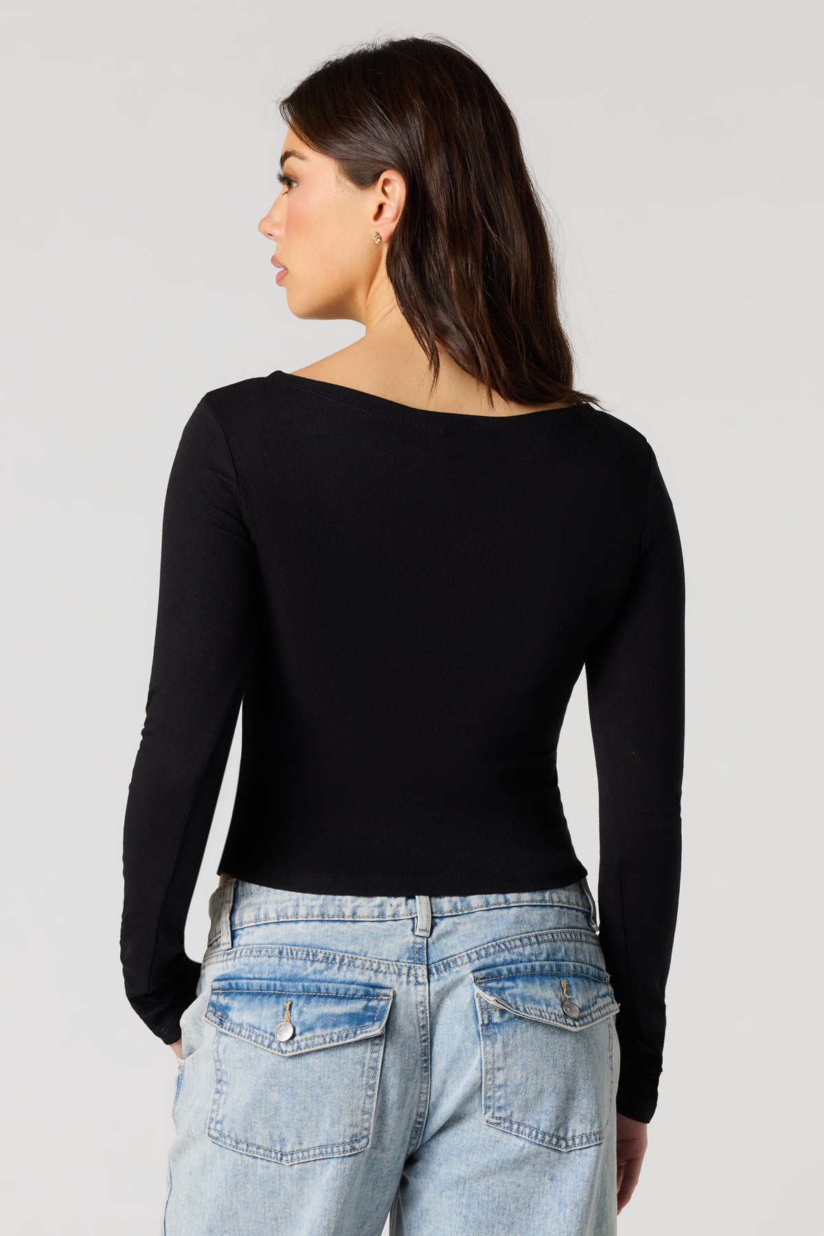 Alt View 2. Ribbed Ribbon Bow Long Sleeve Top - Black