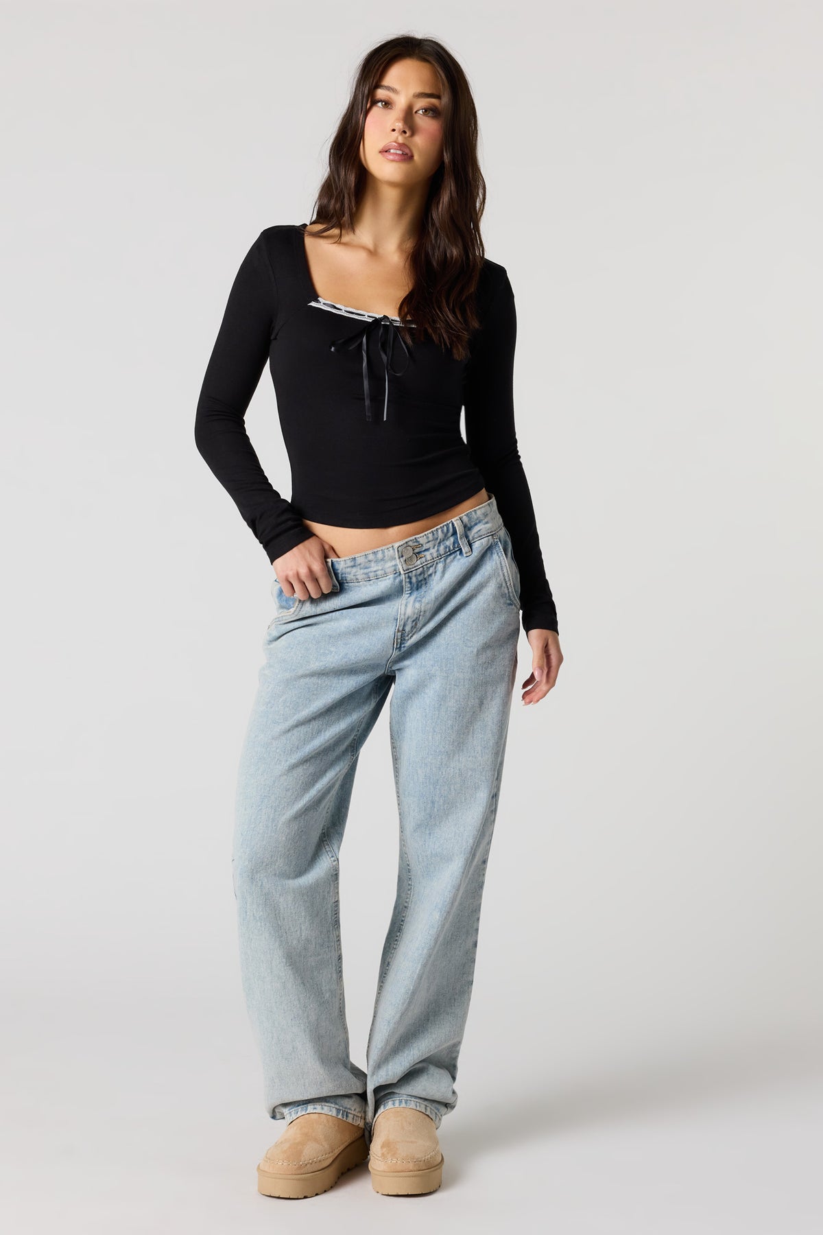 Alt View 3. Ribbed Ribbon Bow Long Sleeve Top - Black