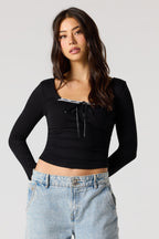 Ribbed Ribbon Bow Long Sleeve Top