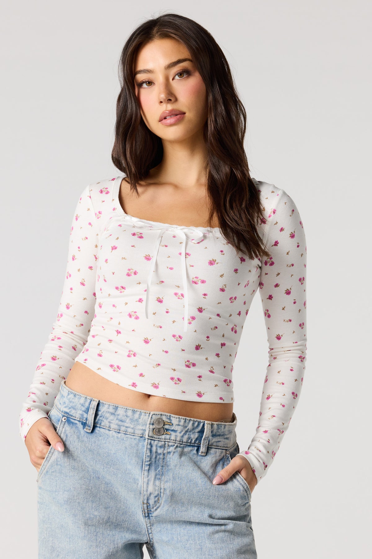 Ribbed Ribbon Bow Long Sleeve Top - Ivory