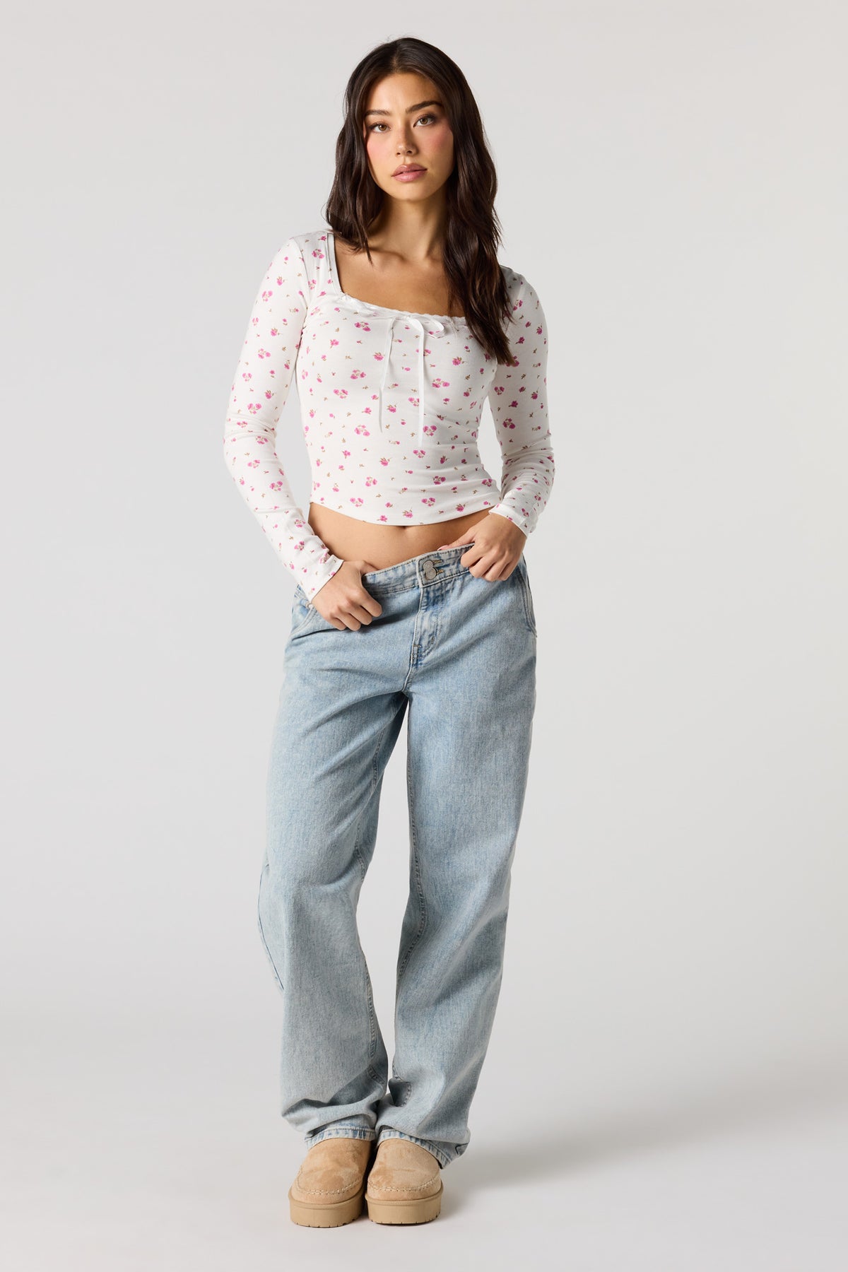 Alt View 3. Ribbed Ribbon Bow Long Sleeve Top - Ivory