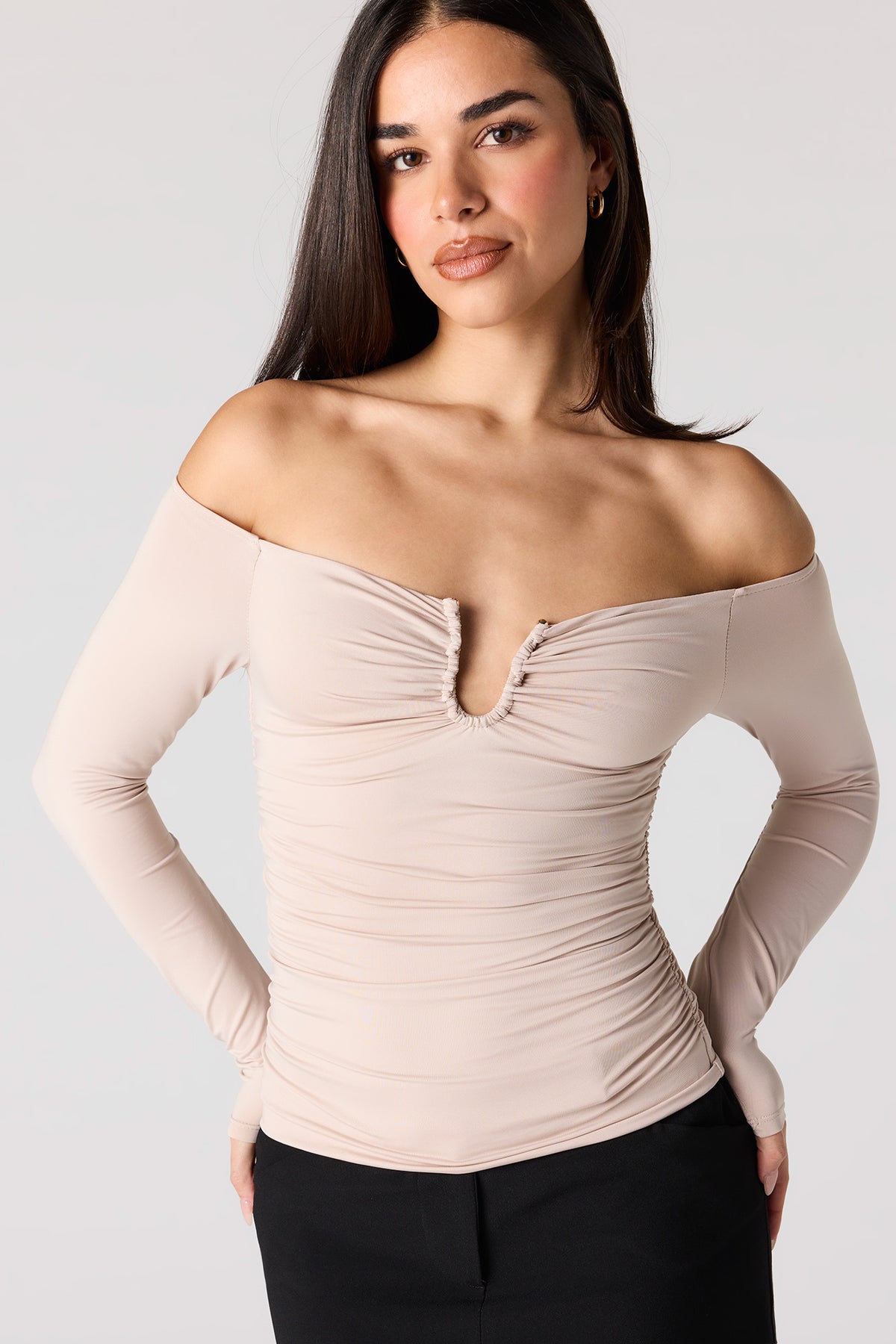 Contour Metal Accent Off Shoulder Top - Tan