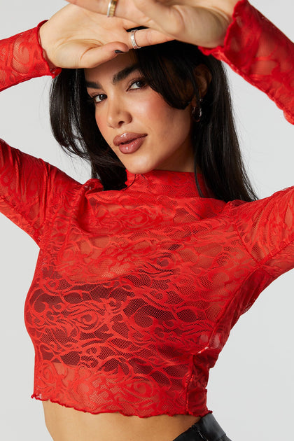 Red Abstract Lace Mock Neck Long Sleeve Top