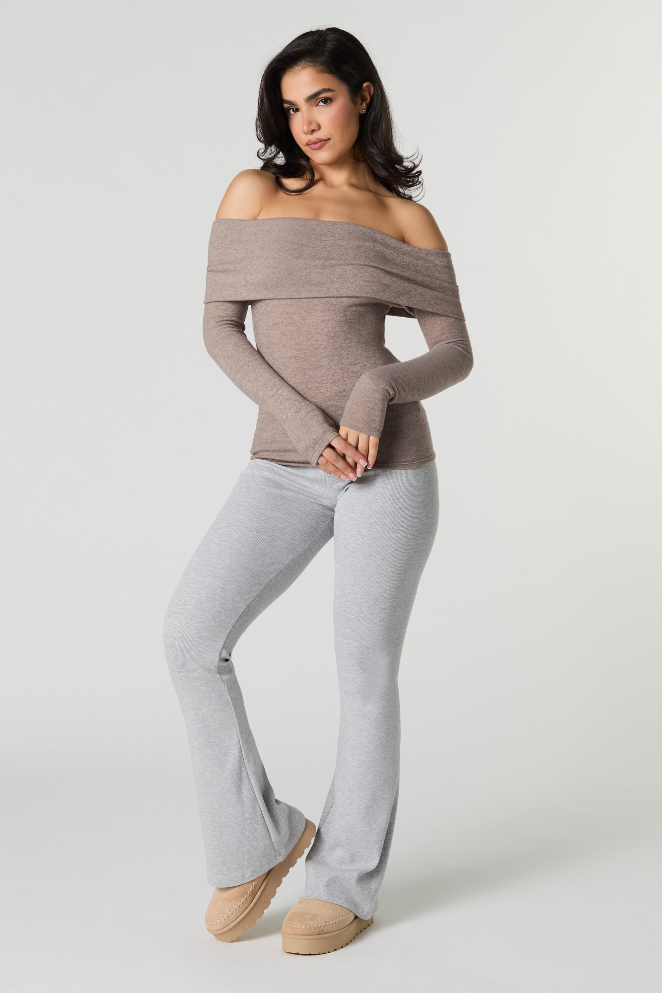 Ameri　NUANCE BODY LINE LOOSE KNIT TOP Knit Off Shoulder Long Sleeve Top – Urban Planet