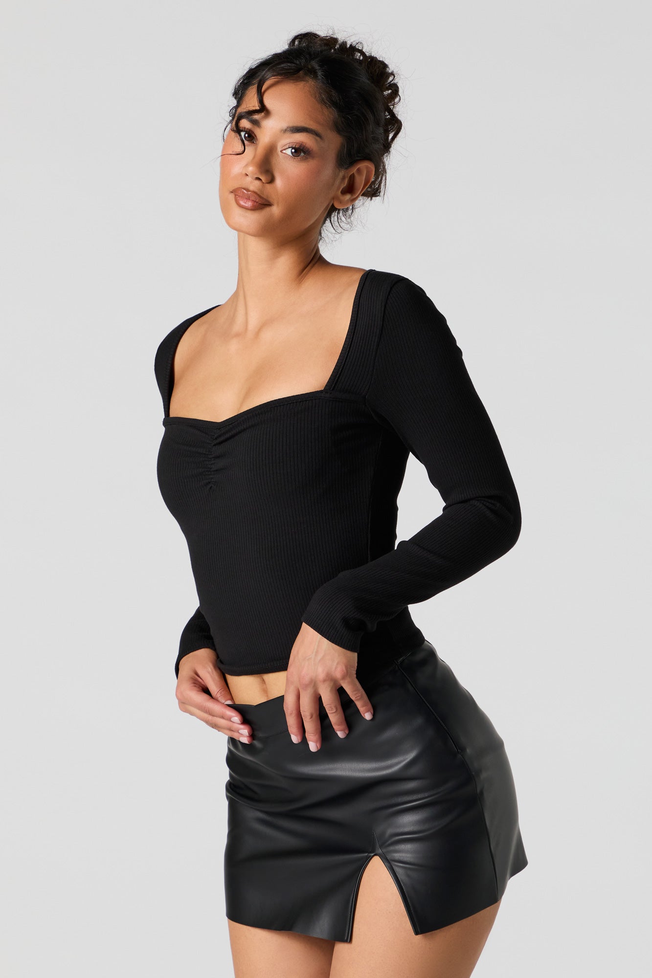 Ribbed Sweetheart Long Sleeve Top