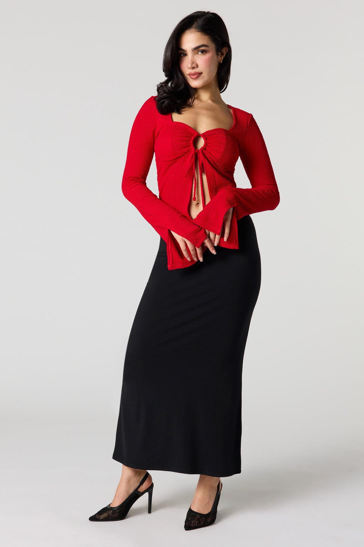 Alt View 3. Textured O-Ring Flyaway Top - Red