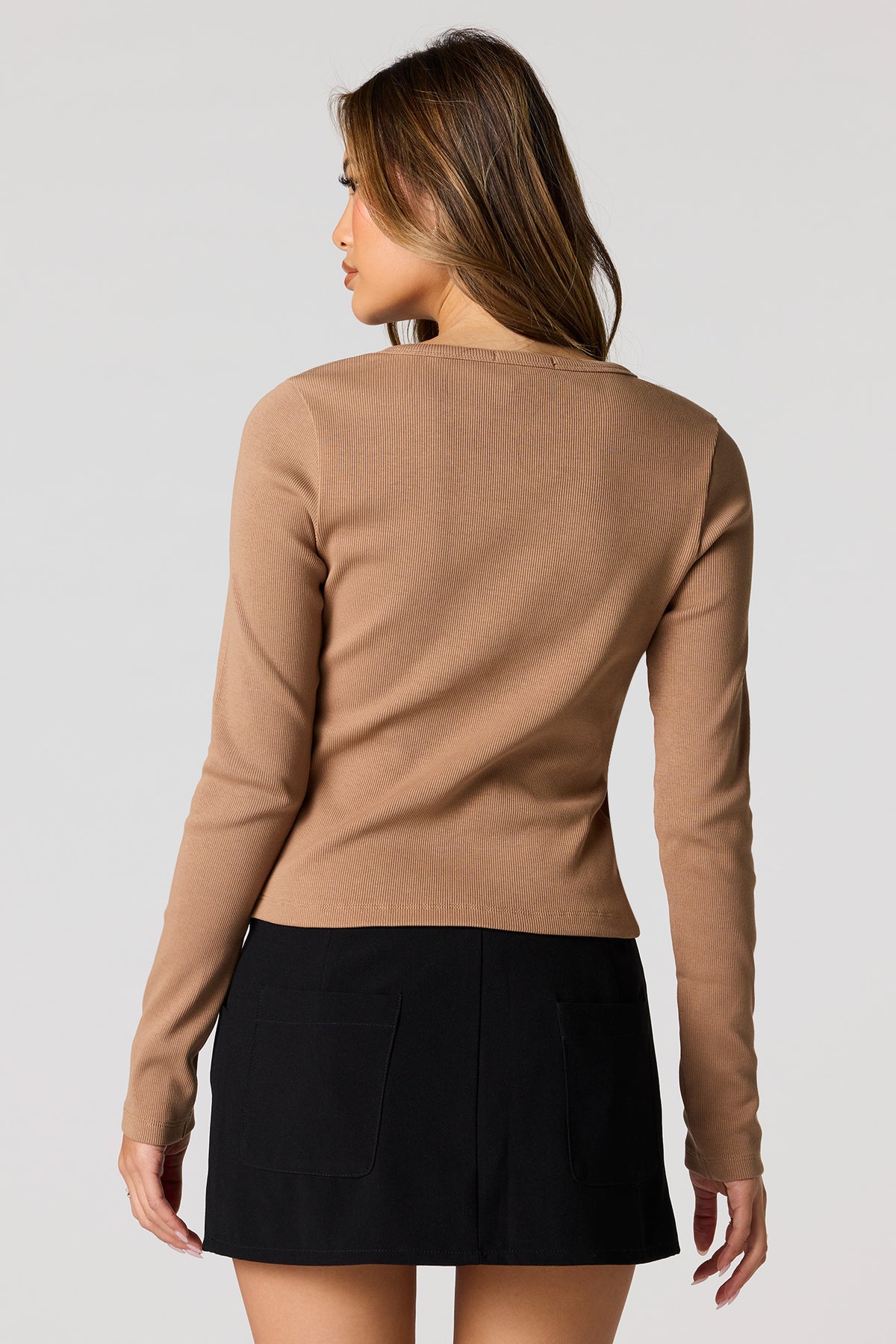 Alt View 2. Asymmetrical Button-Up Ribbed Cardigan - Tan