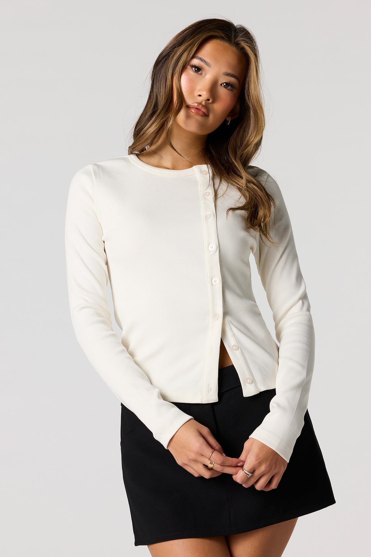 Alt View 4. Asymmetrical Button-Up Ribbed Cardigan - Tan