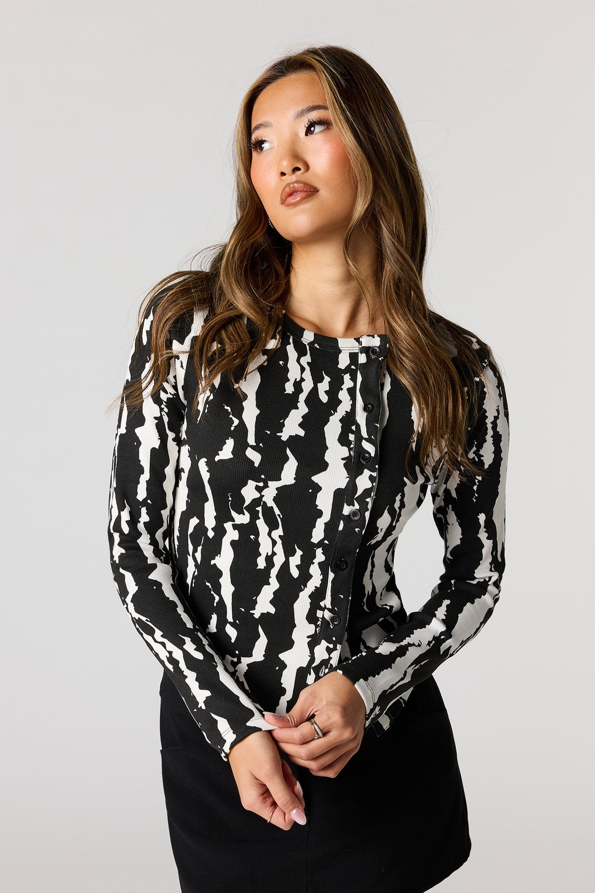 Asymmetrical Button-Up Ribbed Cardigan - Black with White
