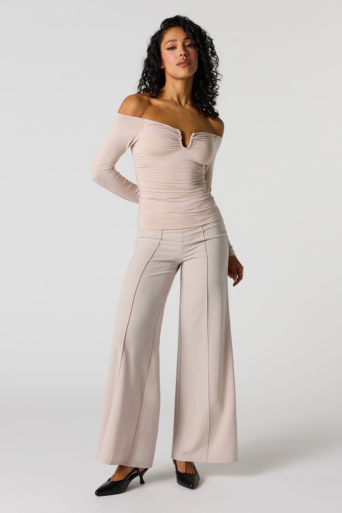 High Rise Exposed Seam Wide Leg Pant - Tan