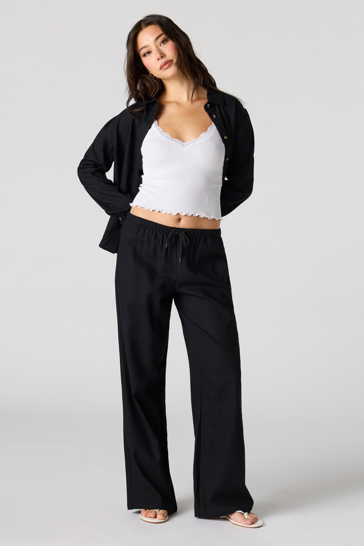 Pantalon en mélange de lin à taille coulissante
