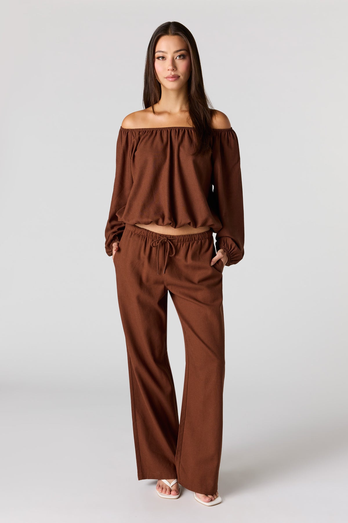 Linen-Blend Drawstring Pant - Brown