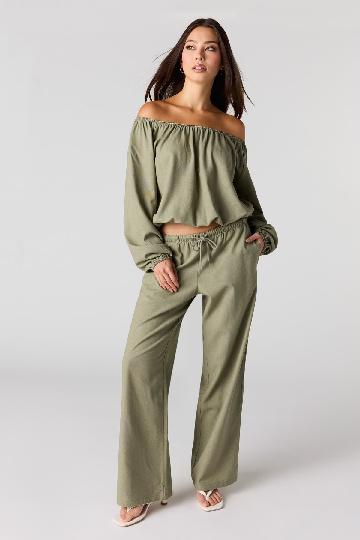 Linen-Blend Drawstring Pant - Dark Green