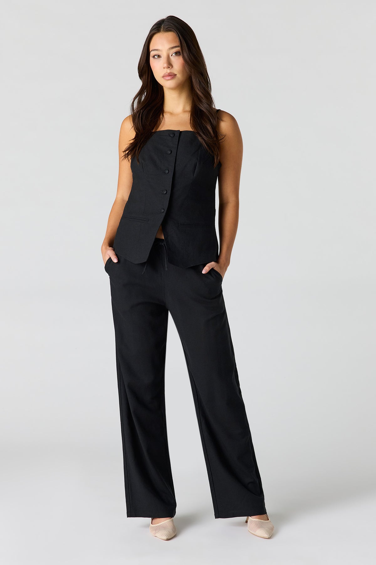 Linen-Blend Wide Leg Pant - Black