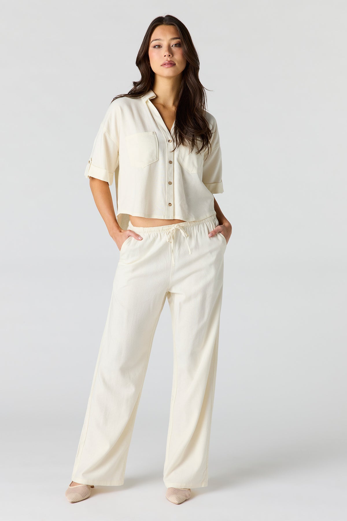 Linen-Blend Wide Leg Pant - White