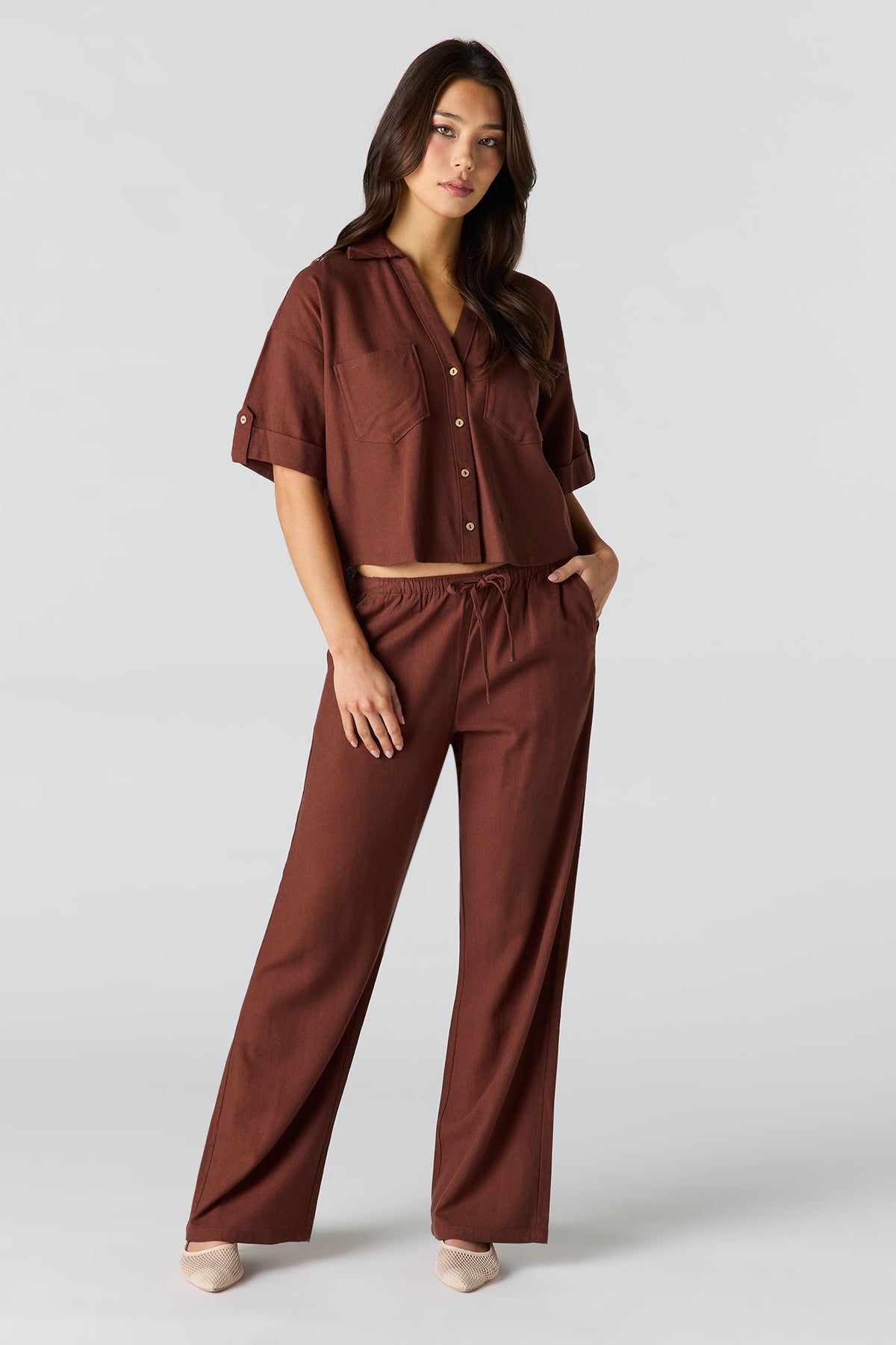Linen-Blend Wide Leg Pant - Brown