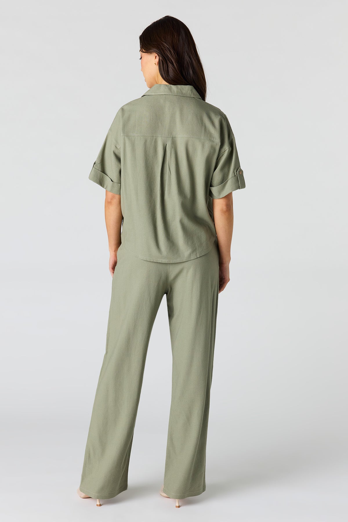 Alt View 3. Linen-Blend Wide Leg Pant - Dark Green
