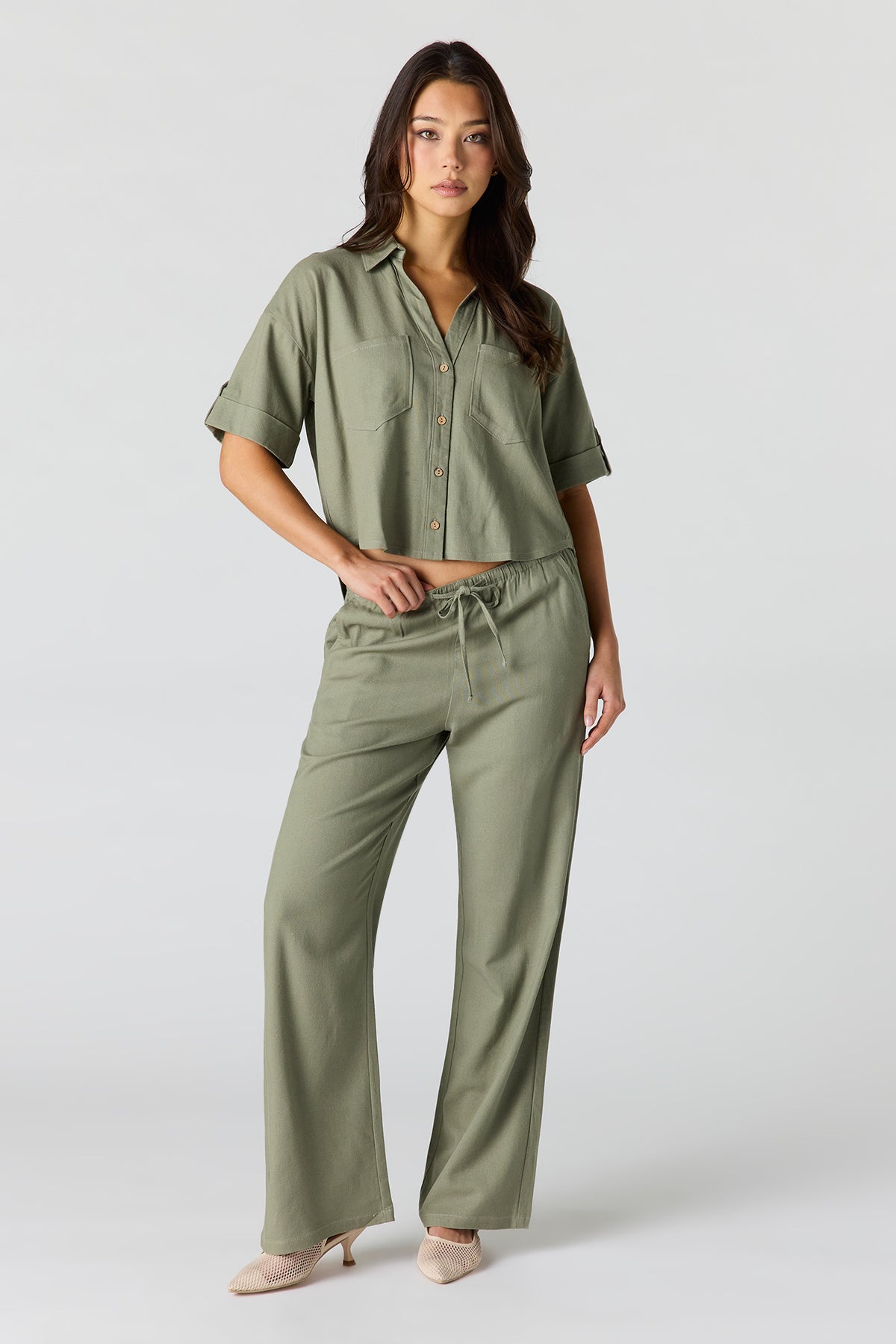 Linen-Blend Wide Leg Pant - Dark Green