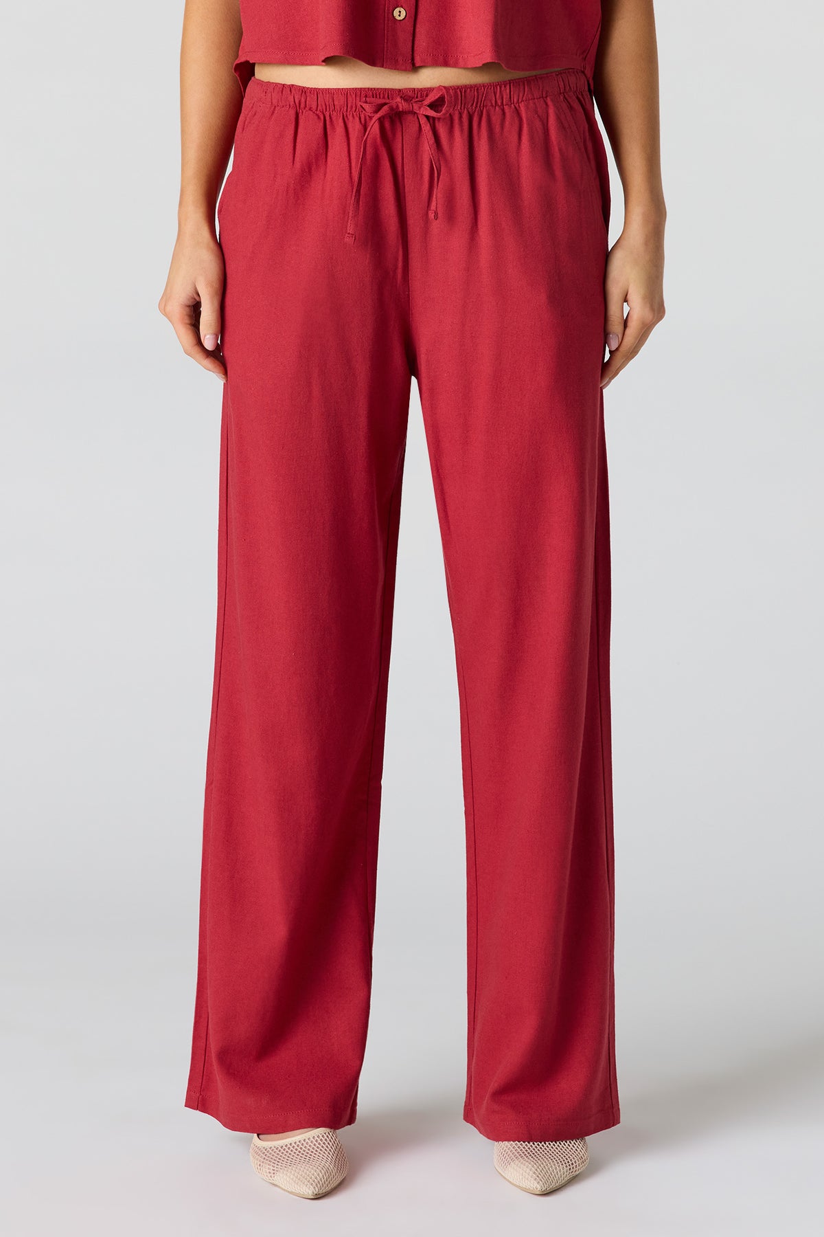 Alt View 2. Linen-Blend Wide Leg Pant - Red