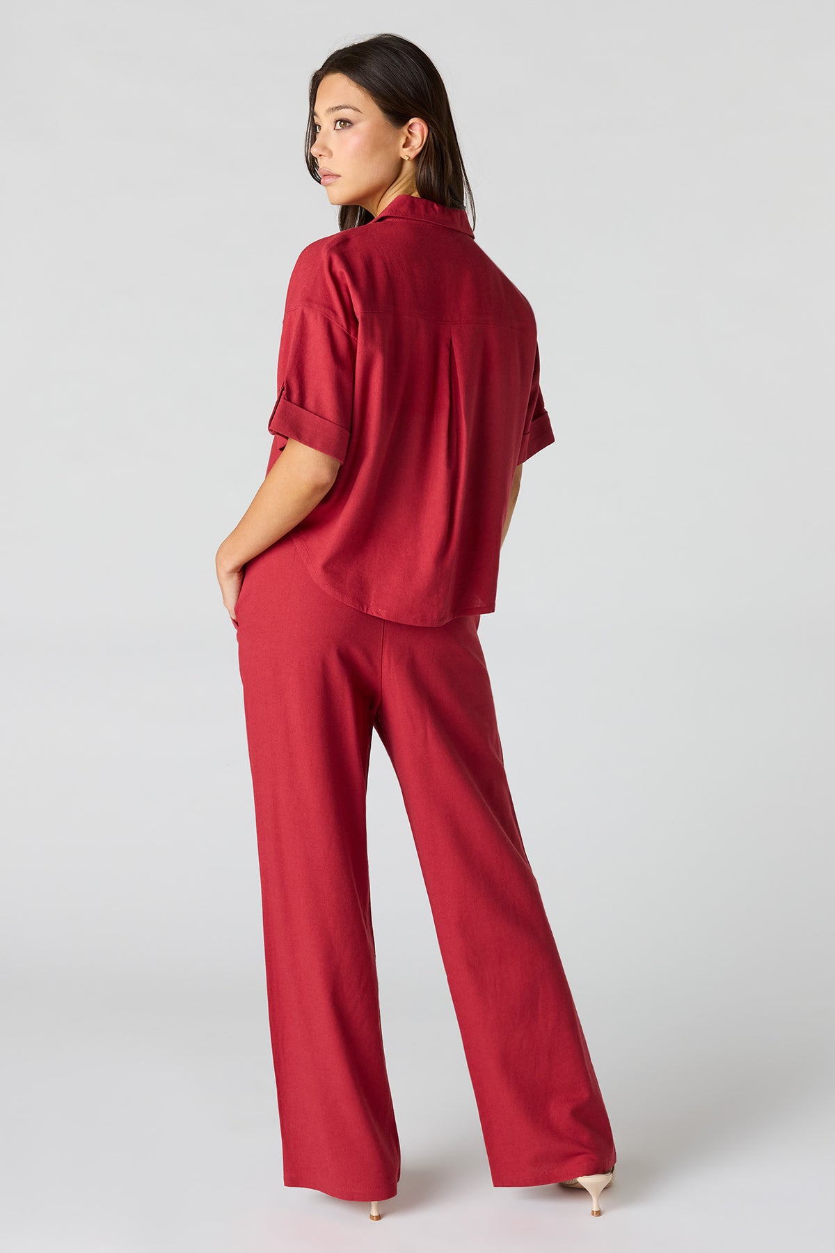 Alt View 4. Linen-Blend Wide Leg Pant - Red