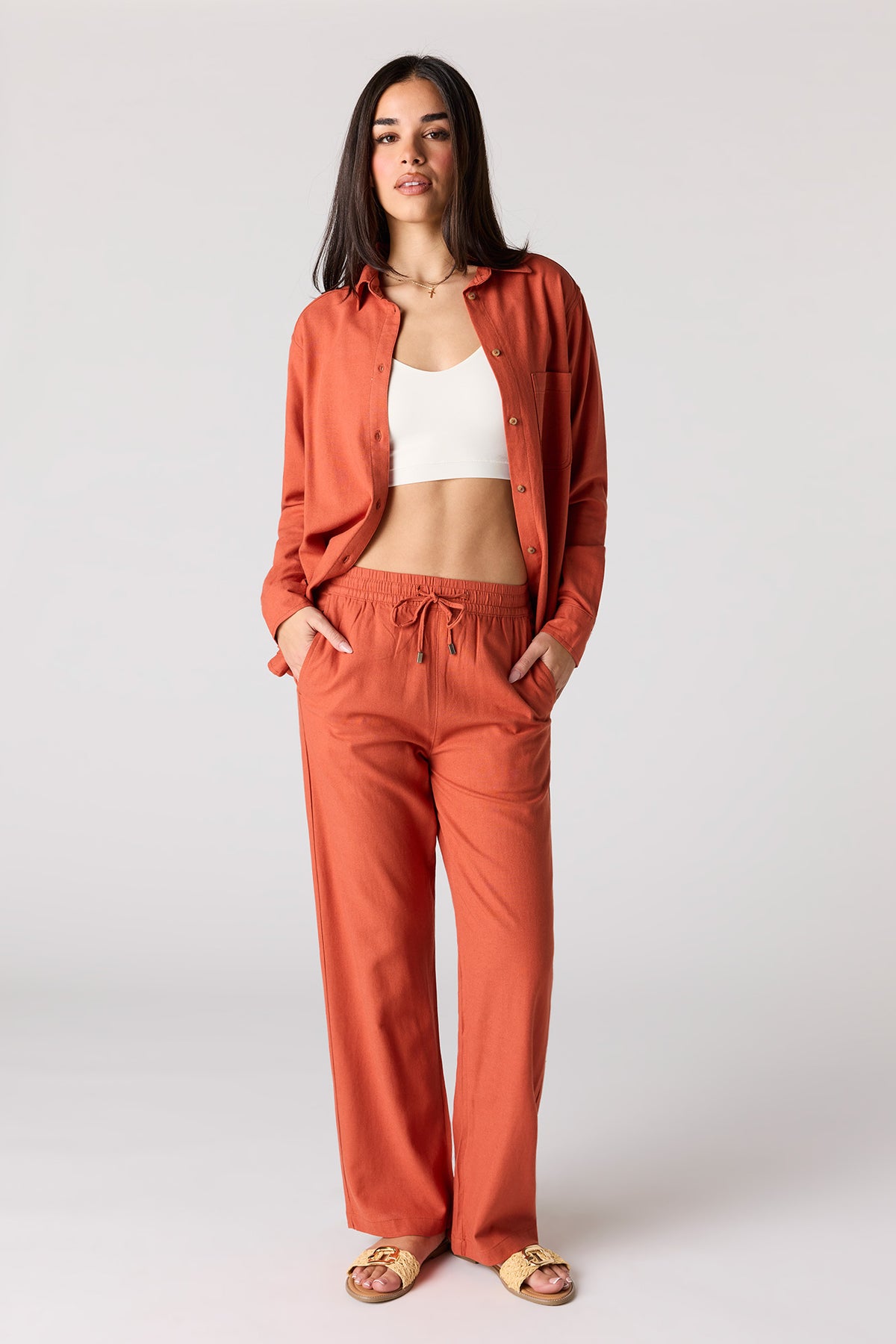 Linen-Blend Wide Leg Pant - Dark Orange