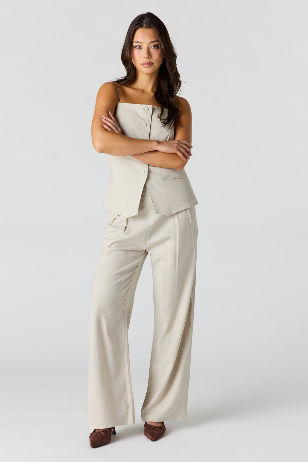 Pantalon habillé en mélange de lin à jambe large