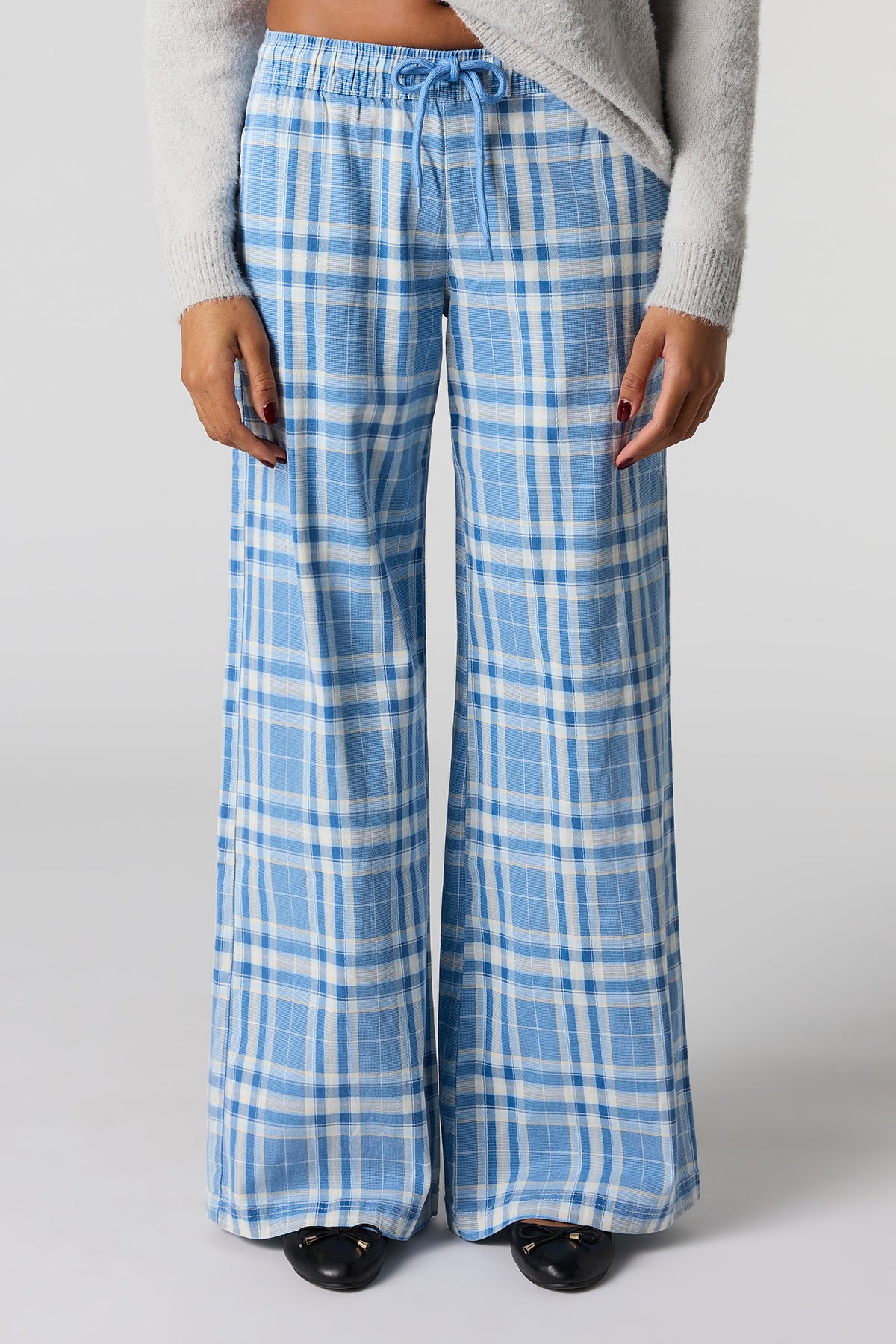 Alt View 2. Plaid Print Flare Pant - Light Denim Blue