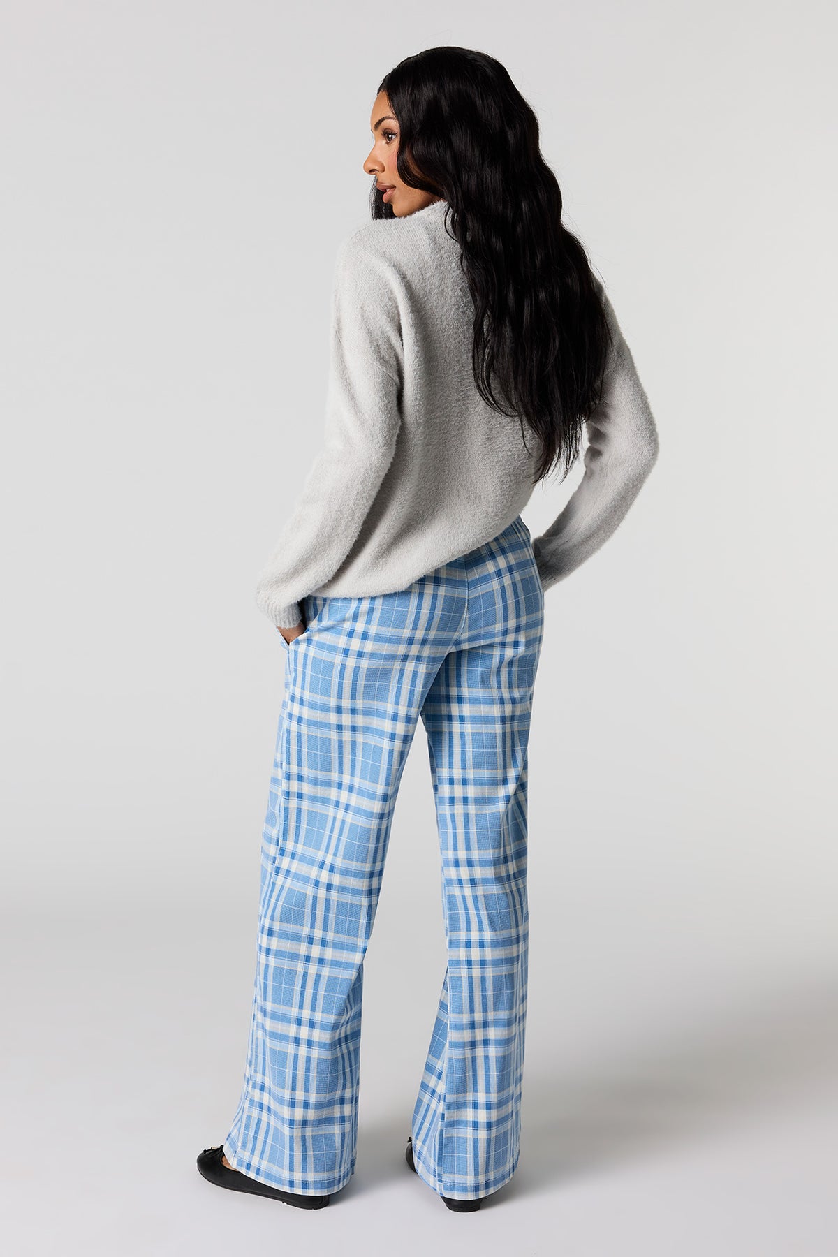 Alt View 3. Plaid Print Flare Pant - Light Denim Blue