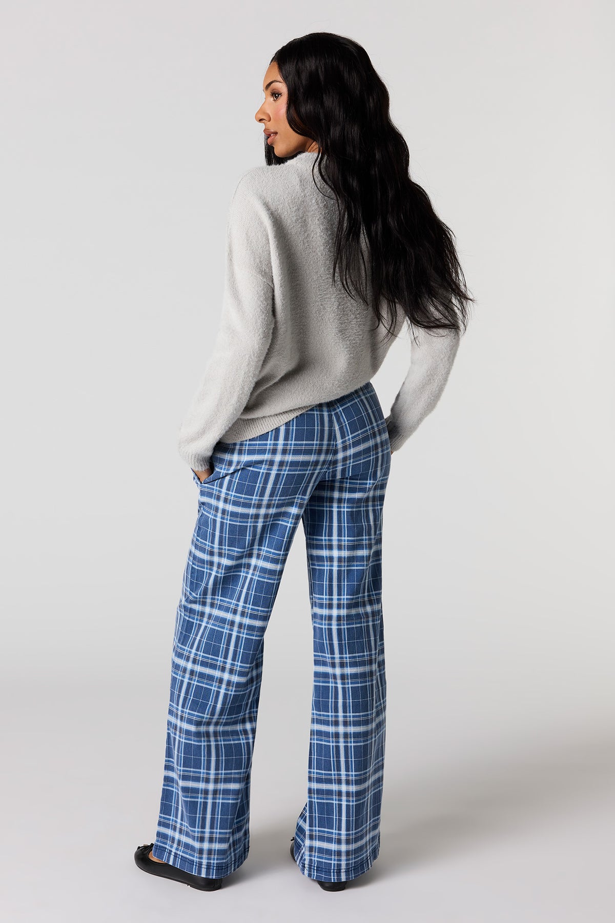 Alt View 3. Plaid Print Flare Pant - Dark Blue