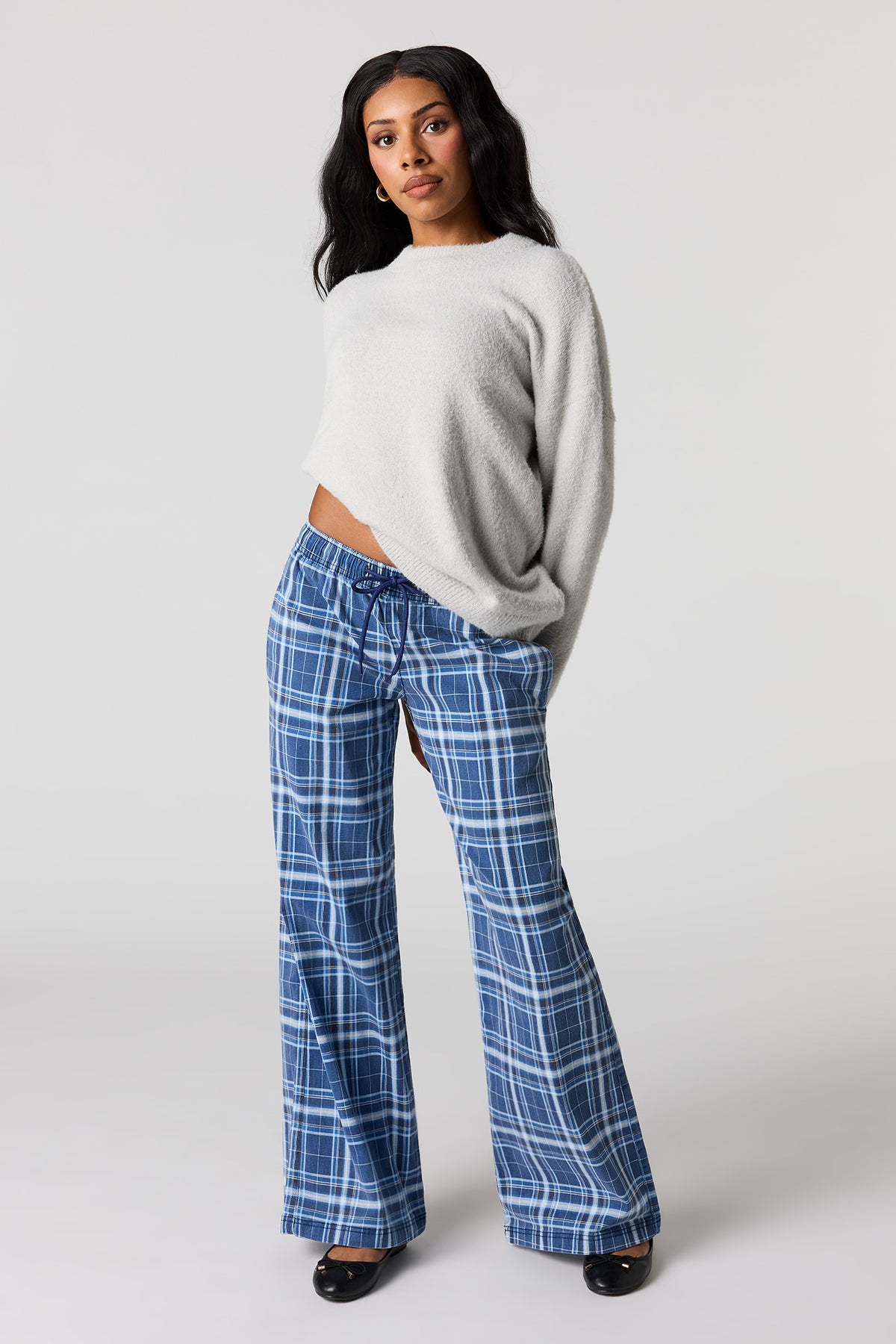 Plaid Print Flare Pant - Dark Blue