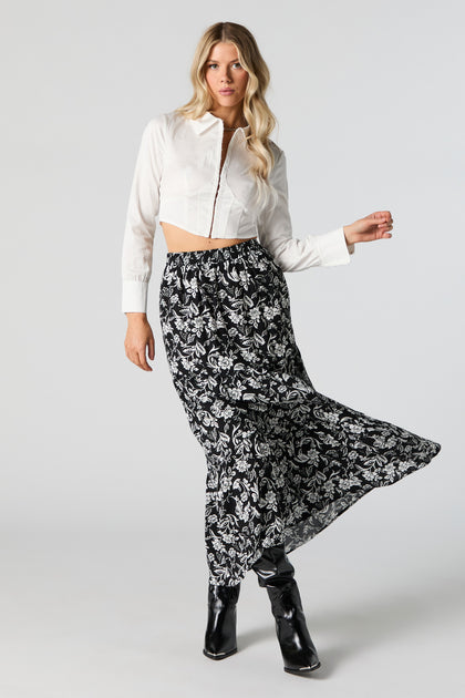 Black Floral Tiered Maxi Skirt