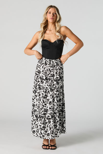 White Floral Tiered Maxi Skirt