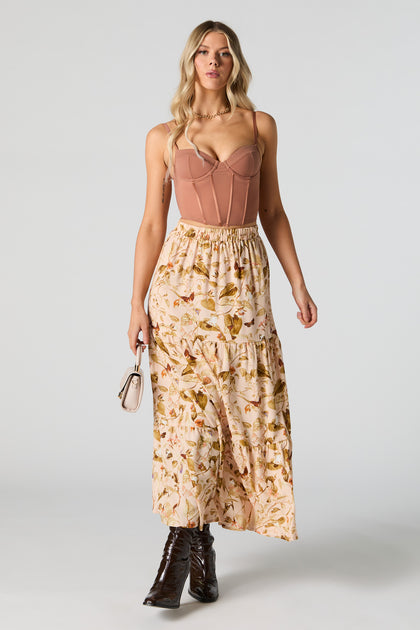 Tan Floral Tiered Maxi Skirt