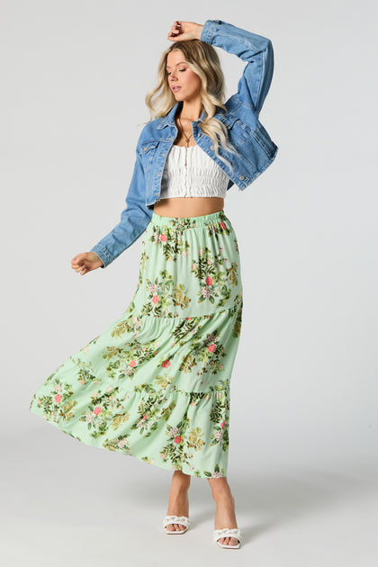 Green Floral Tiered Maxi Skirt