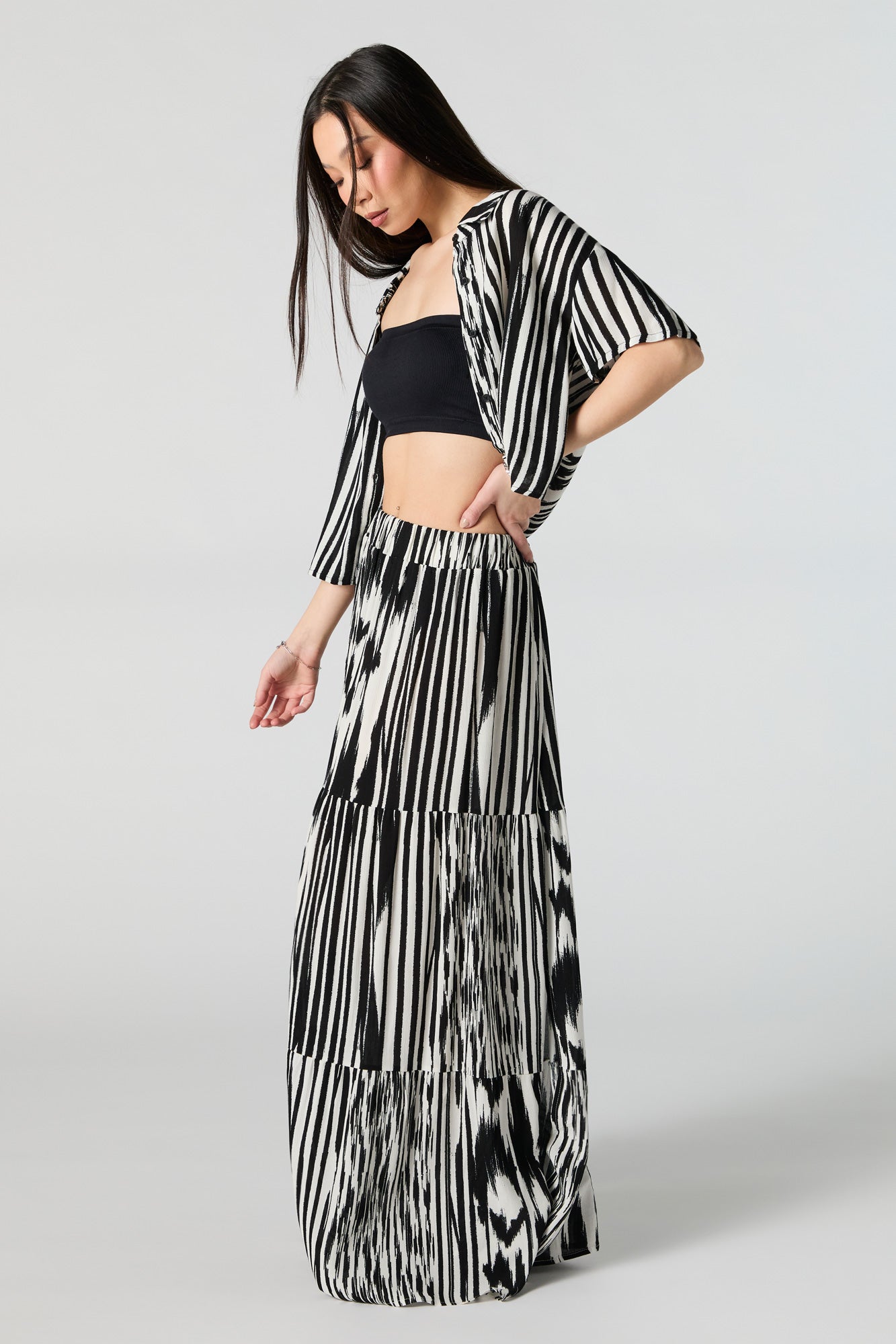Striped Tiered Slit Maxi Skirt