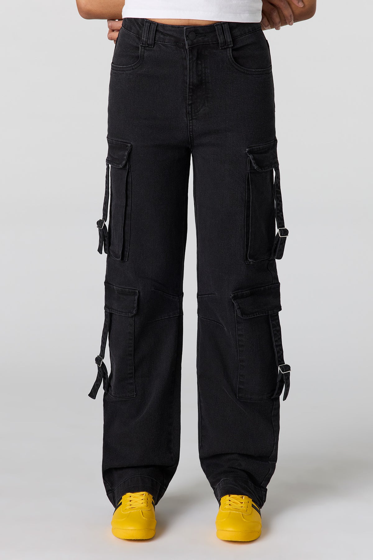 Alt View 2. Low Rise Denim Cargo Strap Jean - Black